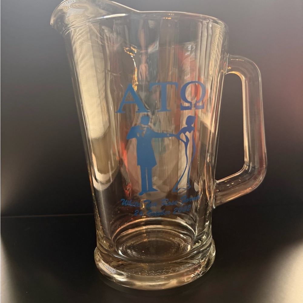 Alpha Tau Omega ATO Vintage 64oz Glass Pitcher with 2002 Formal Logo (WMU)